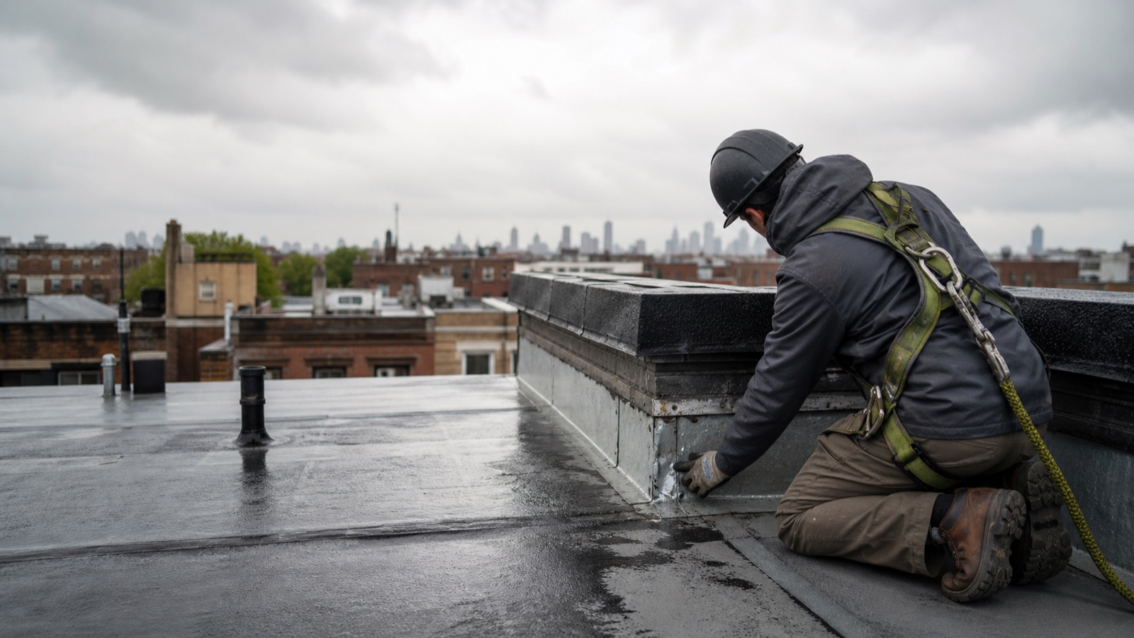 Representative flat-roof inspection scene in New York; actual crews and projects vary